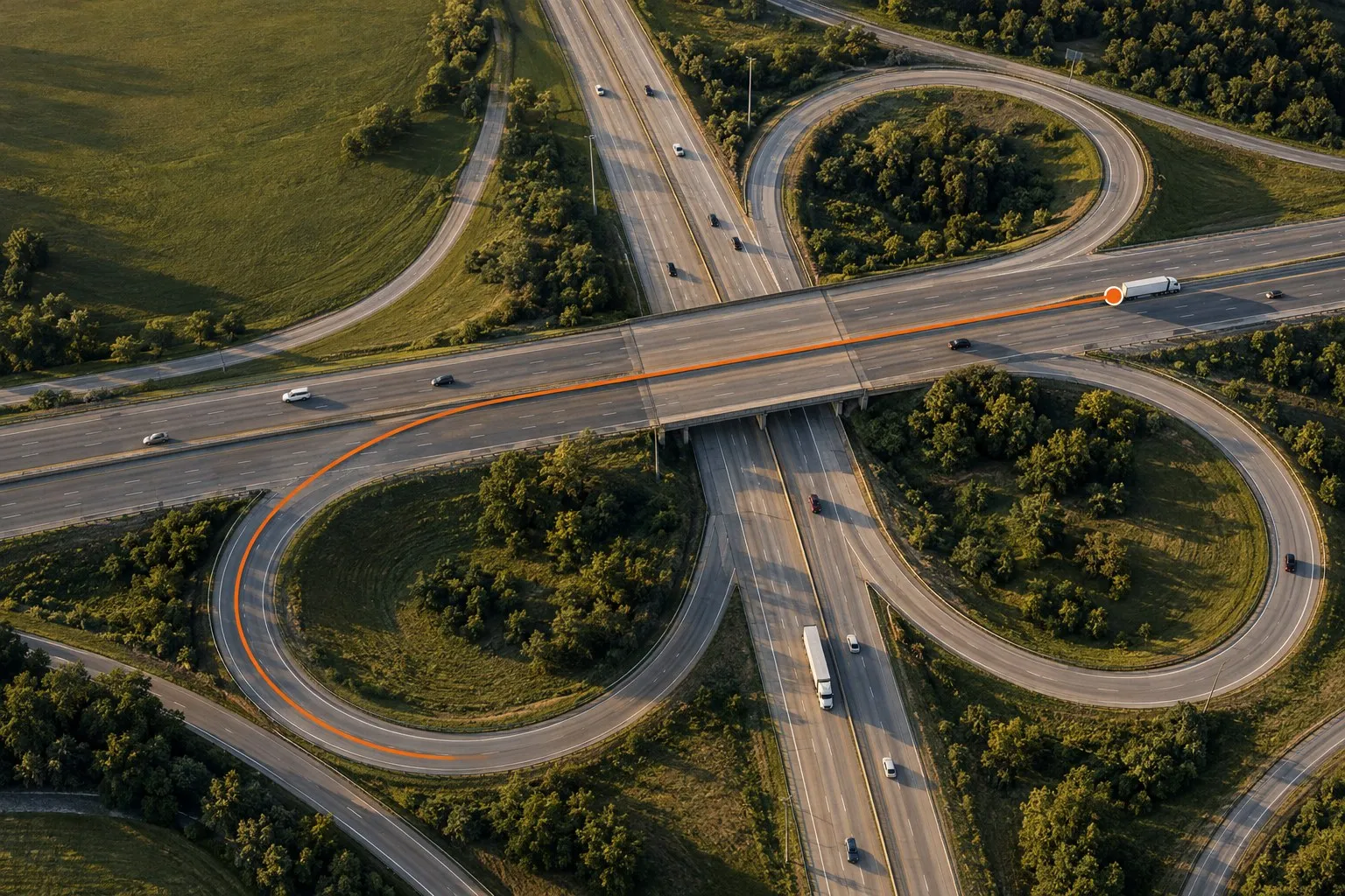 Aerial view of a highway interchange with one truck's route drawn in orange