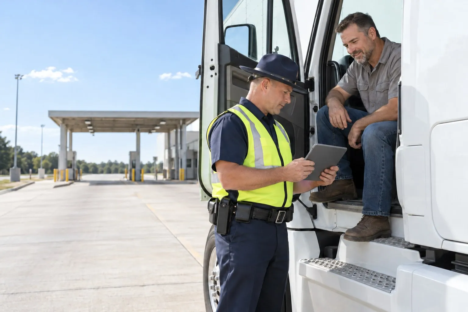 An officer at a weigh station checks a driver’s logs on a tablet