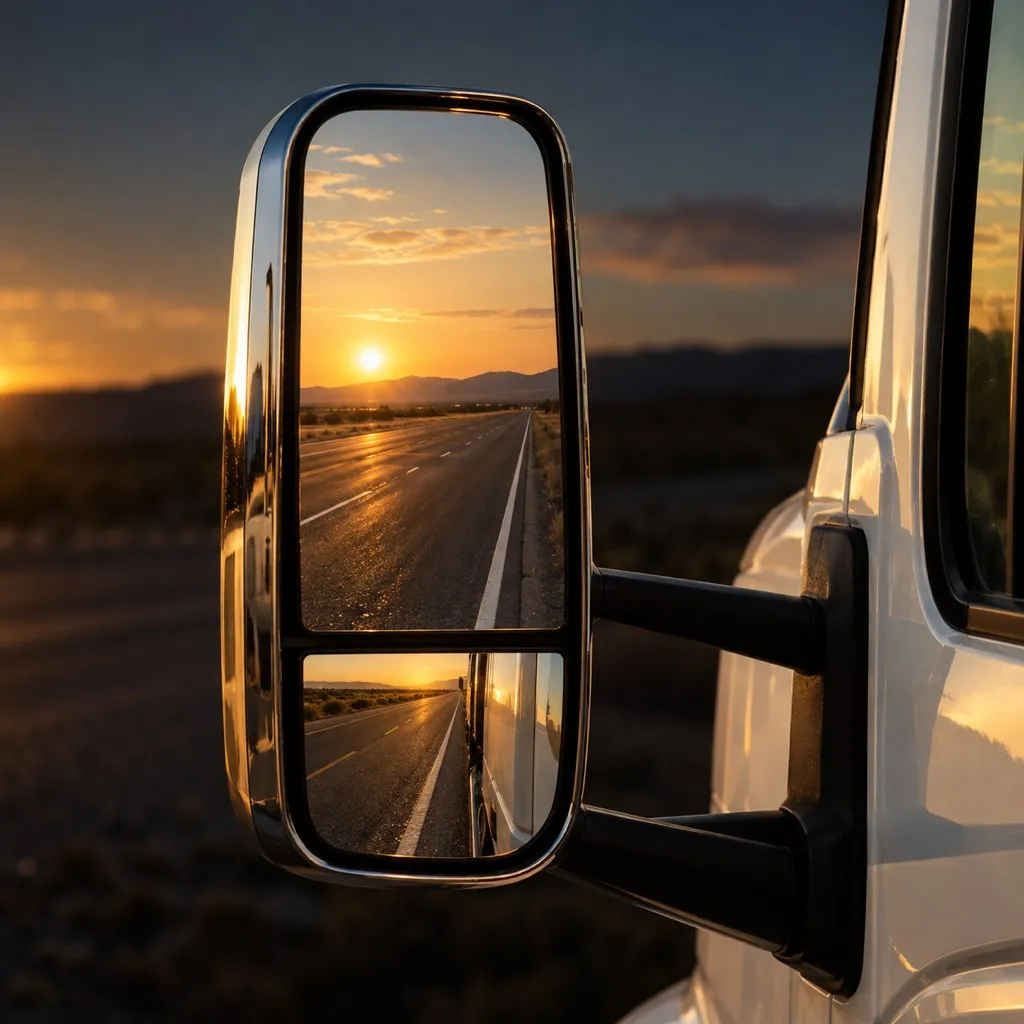 A truck mirror reflecting a sunlit highway