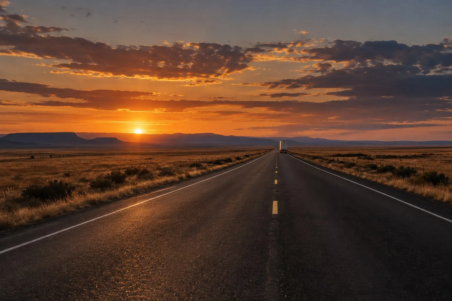 An empty highway through golden grassland with one truck far away